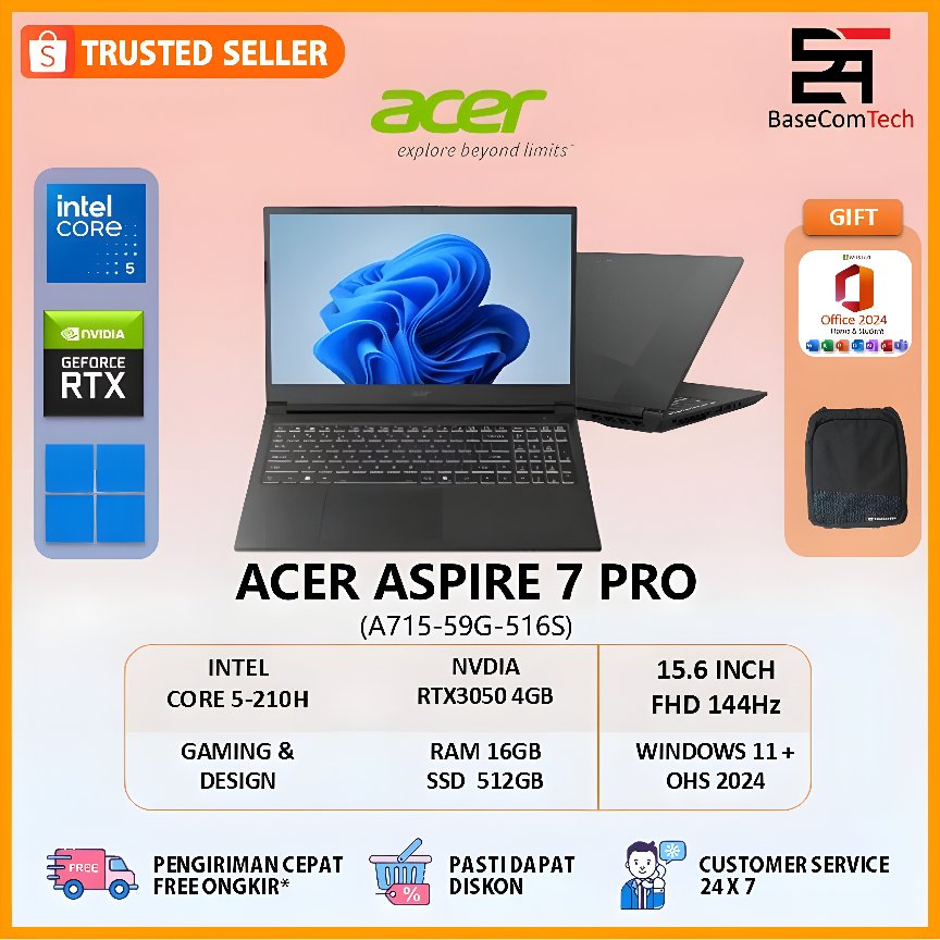 Acer Aspire 7 Pro Core 5 210H RTX3050 RAM 16GB SSD 512GB 15.6 inch FHD IPS 144Hz
