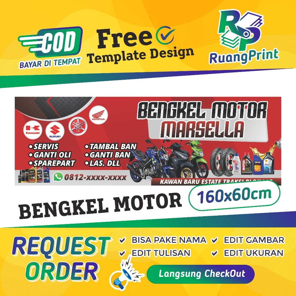 Banner Spanduk - Bengkel Motor - Spanduk Custom - Bisa Di Edit