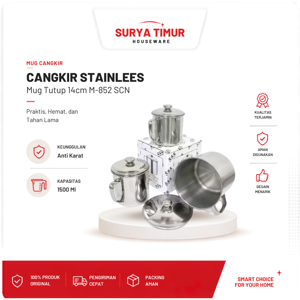 Mug Stainless Tutup 14cm M-852 SCN Cangkir Gelas Minum Stainless Steel