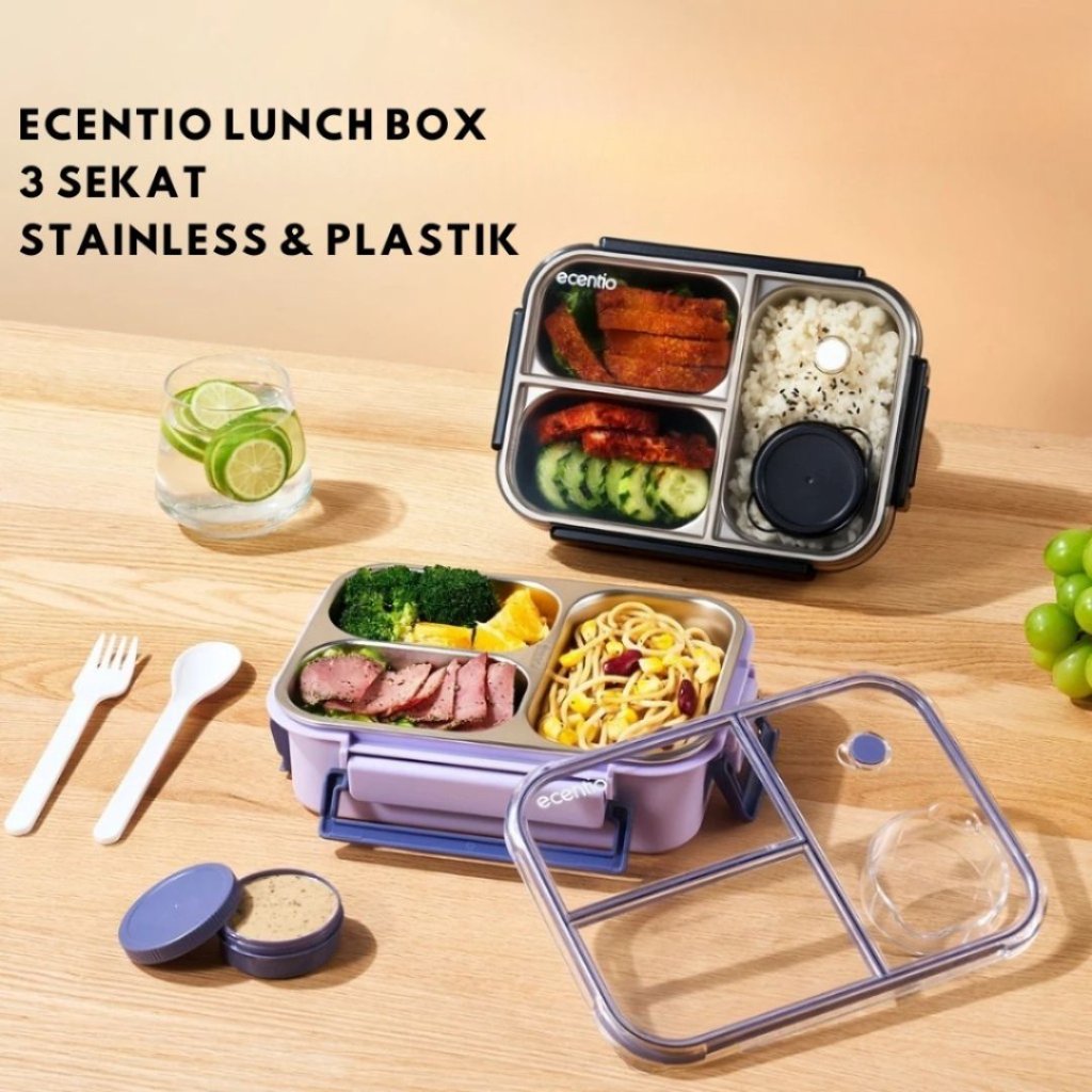 ECENTIO Lunch Box Stainless 800ml Sekat 3 Free Sendok Kotak Sauce Kecil