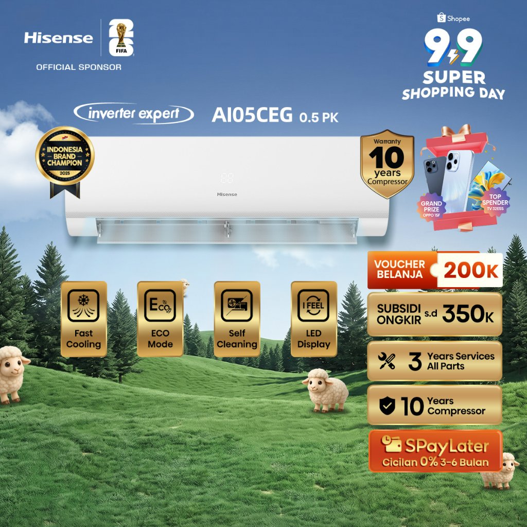 Hisense-AC Inverter 1/2 0.5 PK AI05CEG-Fast Cooling-Hemat Energi-ECO Mode-Self Cleaning-4 In 1 Filte