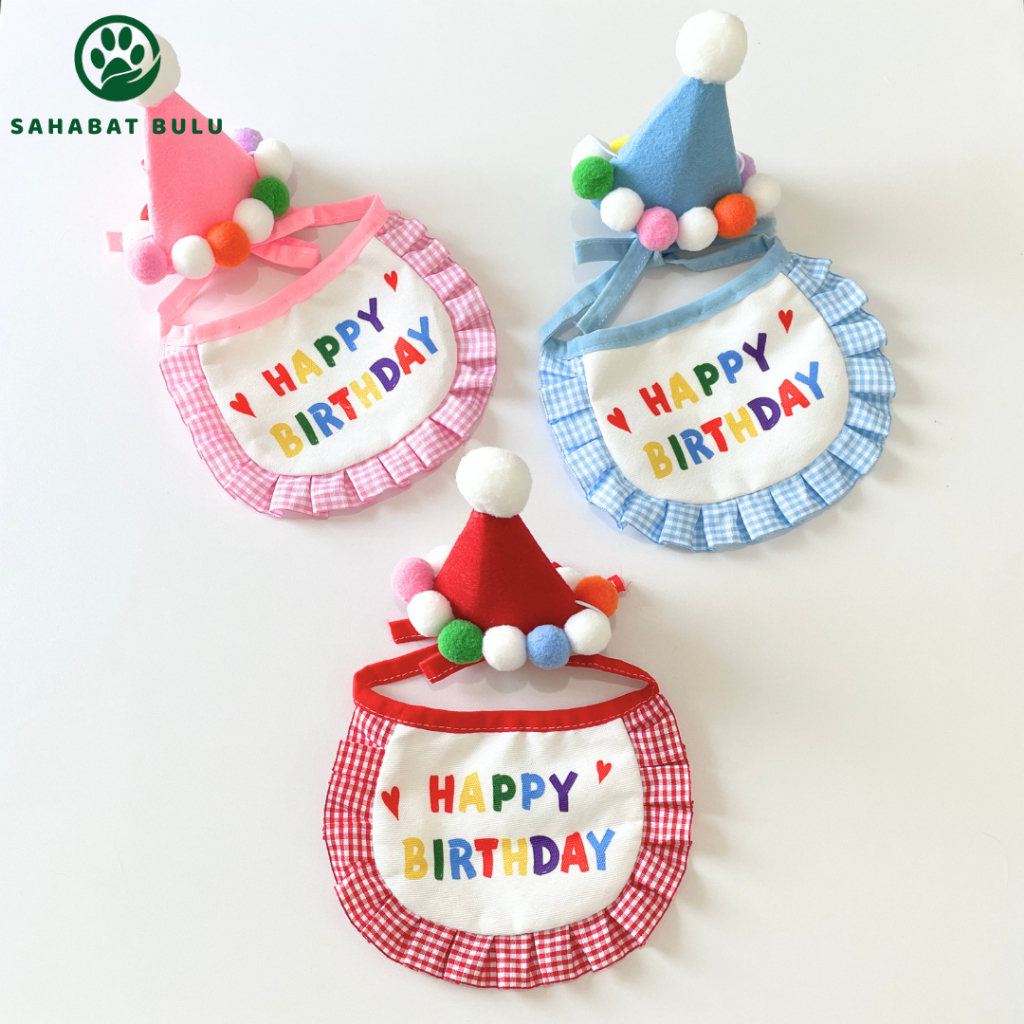 SAHABAT BULU - One Set Topi Celemek Ulang Tahun Kucing Anjing One Set Topi Bib Kucing Anjing Perleng