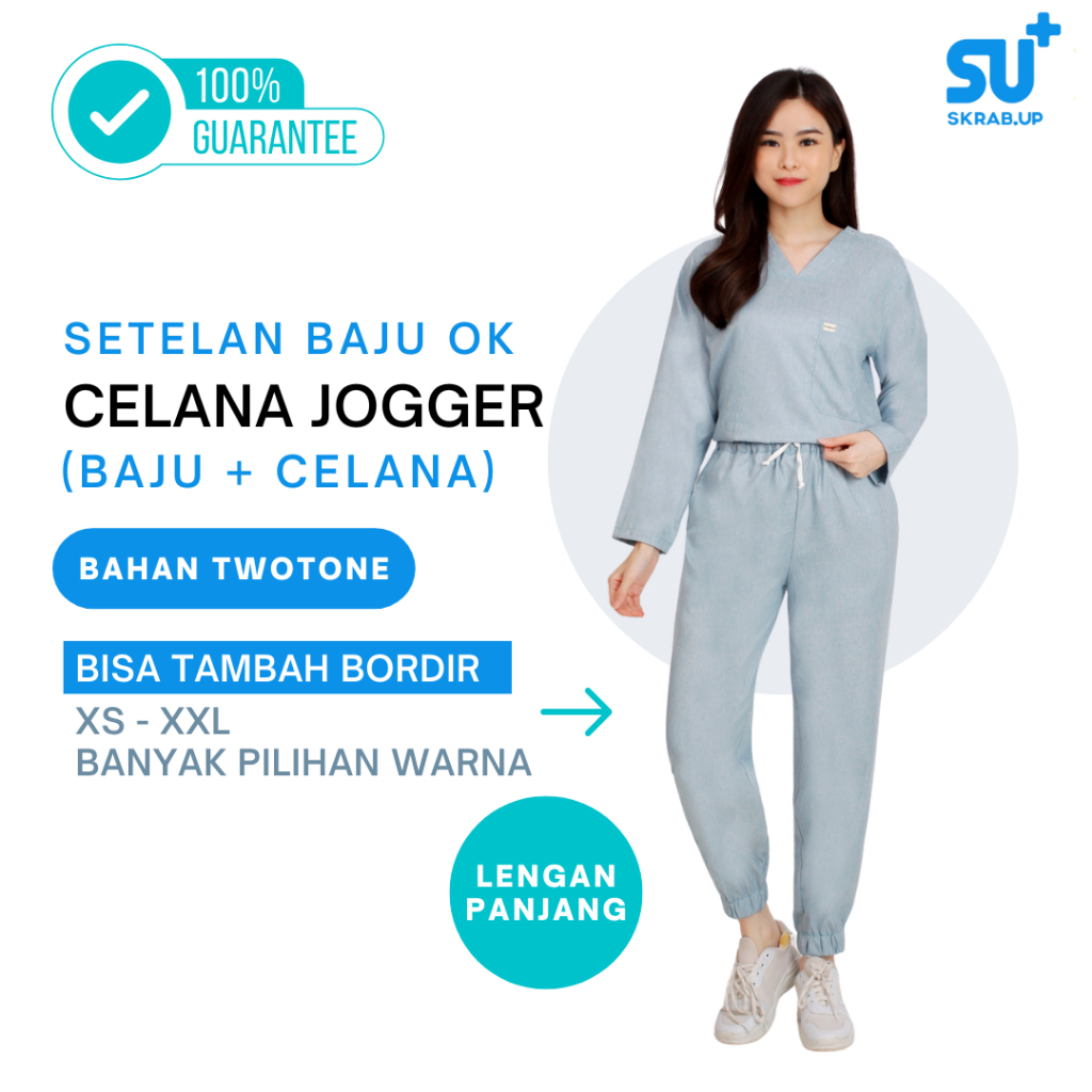 Scrub V Neck Celana Jogger Lengan Panjang / Cardiac Series Two tone / Baju OK Dokter / Baju OK Peraw