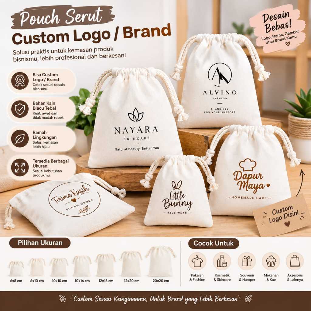 Shila Craft - Pouch Serut Kecil ( 6x8, 6x10, 8x10, 8x12, 10x10, 10x15cm ) Blacu Tebal PREMIUM, Organ