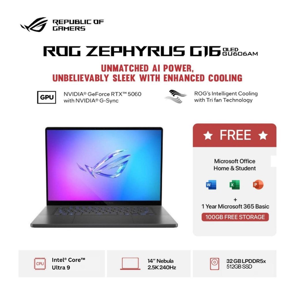 ASUS ROG ZEPHYRUS G16 OLED I9N56OL6G-HM Intel Core Ultra 9 RTX5060 32GB 512GB 16" 2.5K OLED 240Hz