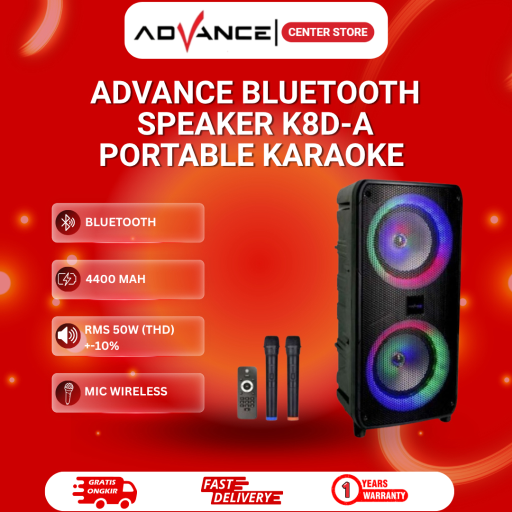 Advance Bluetooth Speaker Portable Karaoke MicroSD Radio K8D-A Free Mic Wireless Garansi 1 Tahun
