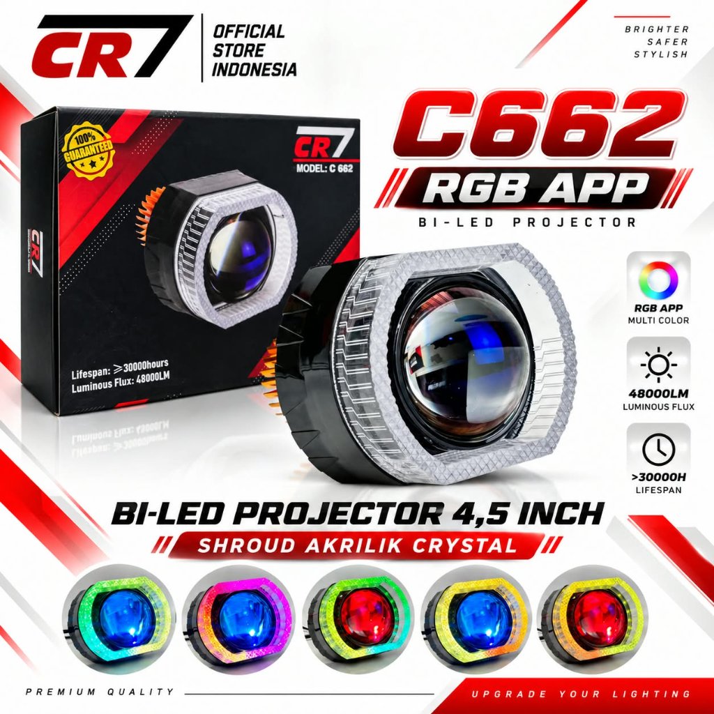 CR7 C662 - Biled Projector 4,5 Inch Shroud Akrilik Crystal RGB APP Lensa Blue Lens