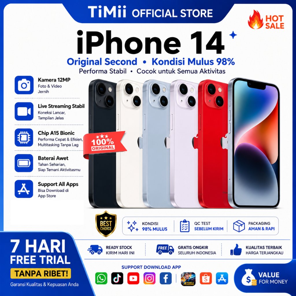Apple iPhone 14 128GB 256GB WiFi Only 100% Original Second Mulus Gaming | Gratis Coba 7 Hari | Garan