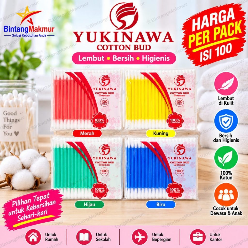 Cotton Bud Yukinawa Dewasa Isi 100 / Korek Kuping Dewasa Bayi Warna