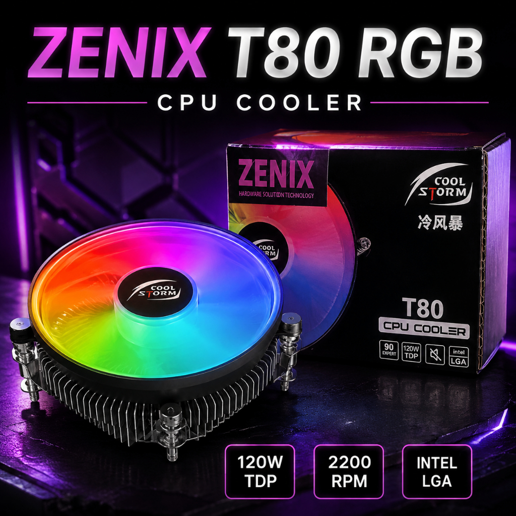Fan Processor Zenix T80 RGB CPU Cooler Intel LGA 115X 1200 1700 1366 TDP 120W