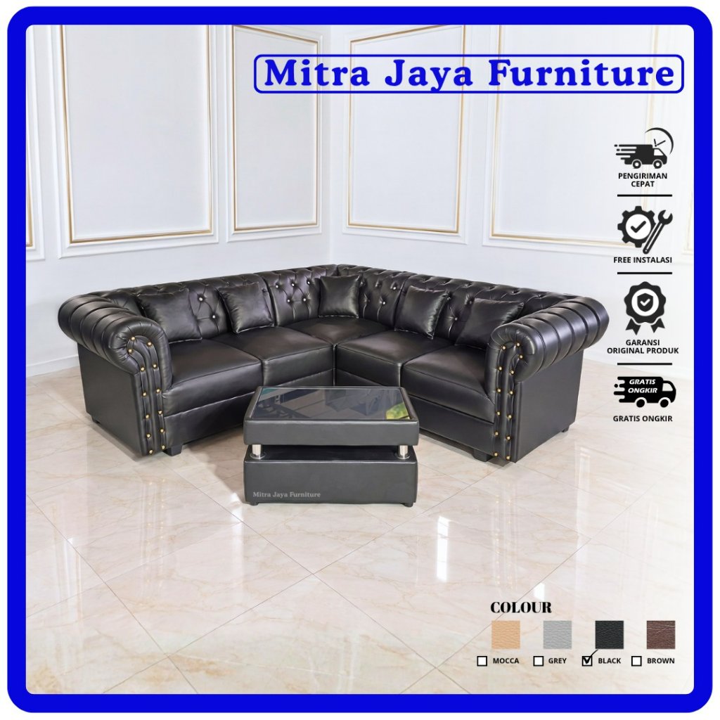 SOFA L SUDUT MINIMALIS FULL KANCING/ SOFA SUDUT HITAM