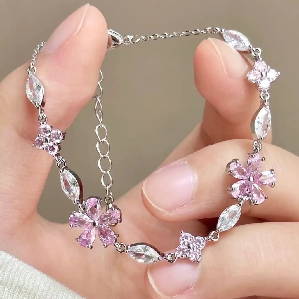 Gelang Rantai Perak Berhias Bunga Permata Kristal Merah Muda dan Batu Berlian Bening Berkilau