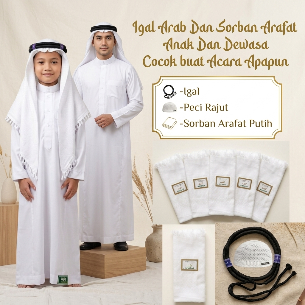 Sorban Arab Igal Arab Sorban Arab Igal Tali Peci Putih Dewasa dan anak Perlengkapan Haji Umroh Hiban