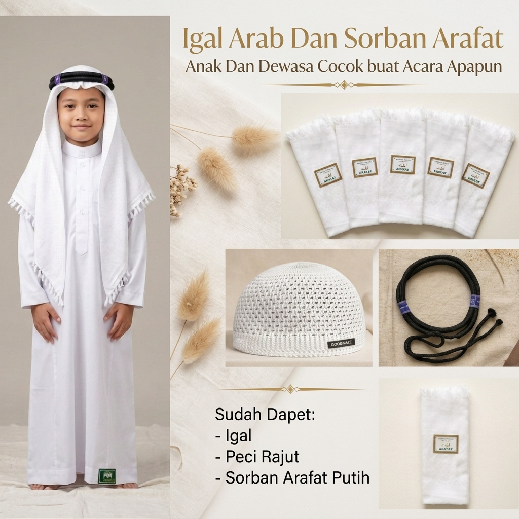 Sorban Arab Igal Arab Sorban Arab Igal Tali Peci Putih Dewasa dan anak Perlengkapan Haji Umroh Hiban