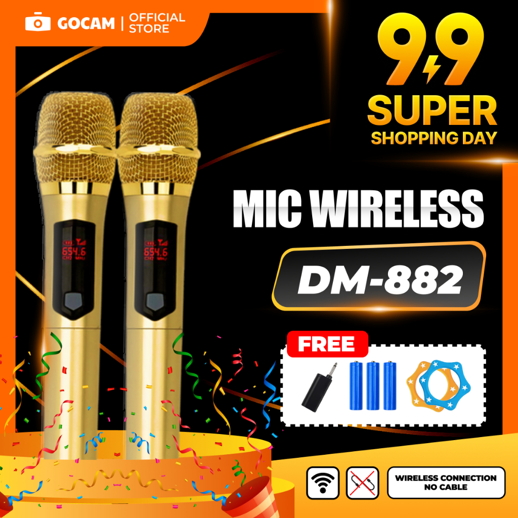 Mic Wireless GOCAM DM-882 Gold Edition - Mikrofon Karaoke Profesional Tanpa Kabel Dual Mic