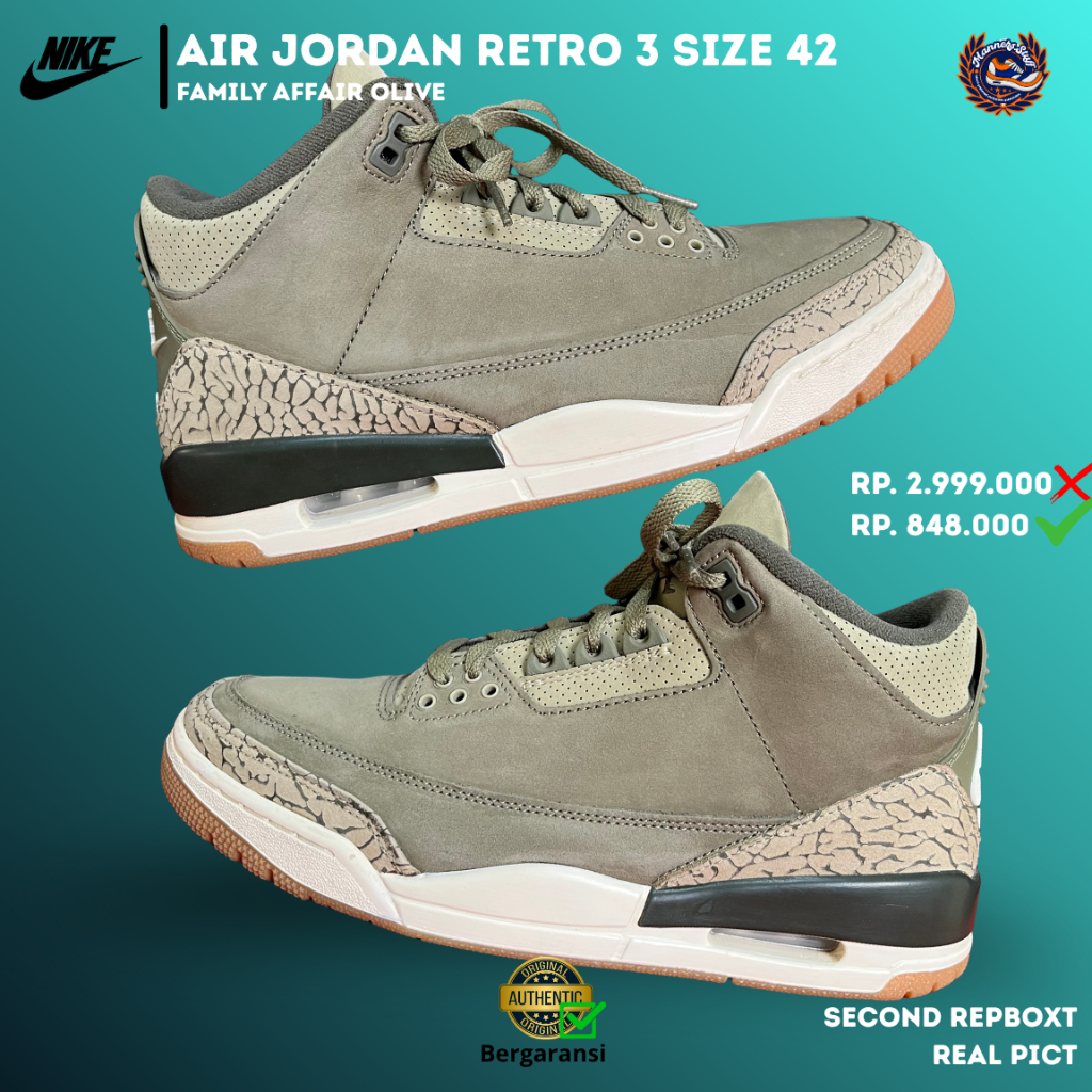 Sepatu Nike Air Jordan 3 Retro Family Affair Olive Size 42 Second Original Sneakers