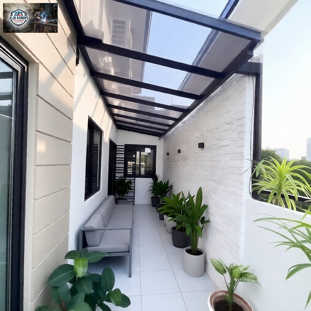 Kanopi Atap solarflat Transparan Frame Hitam untuk Balcony Rumah