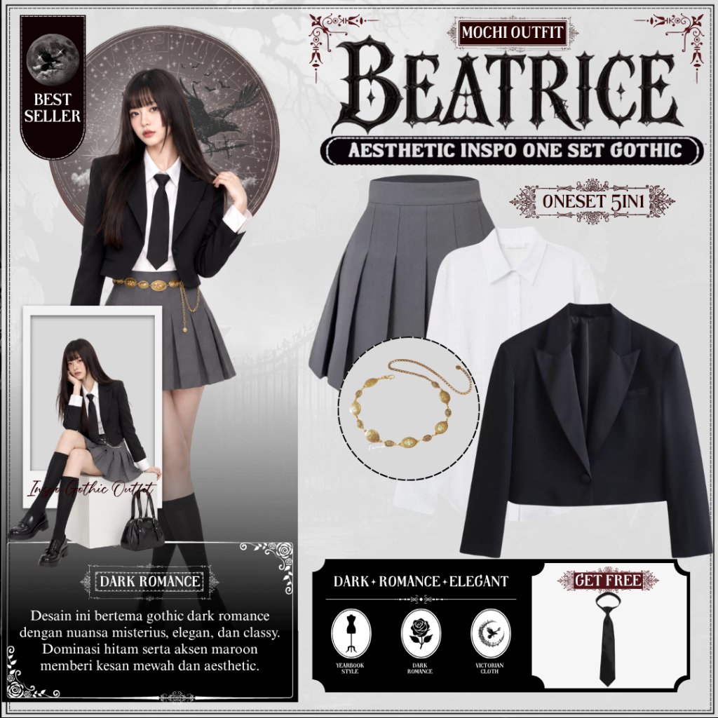[NON HIJAB] Setelan Yearbook Wanita Gothic Dark Academia | Oneset 5in1 Blazer Hitam Kekinian | MOCHI