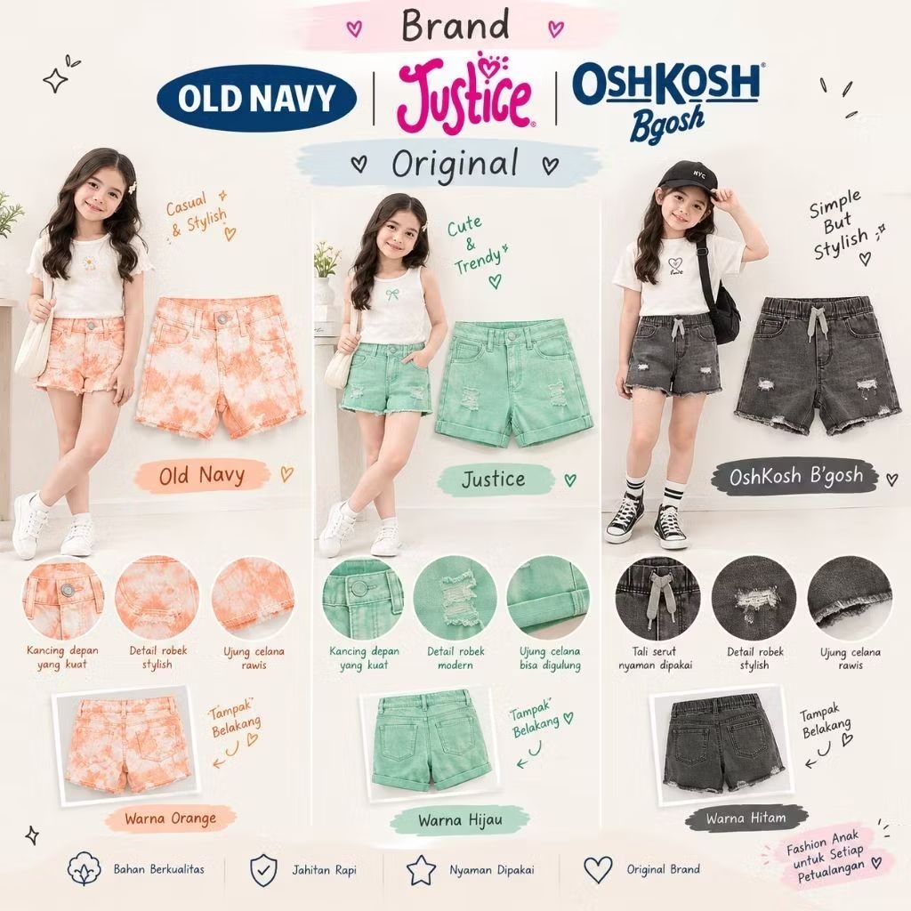 Celana Pendek Anak Perempuan Old Navy Oshk Justice Original Denim Short  18 bulan - 7 tahun