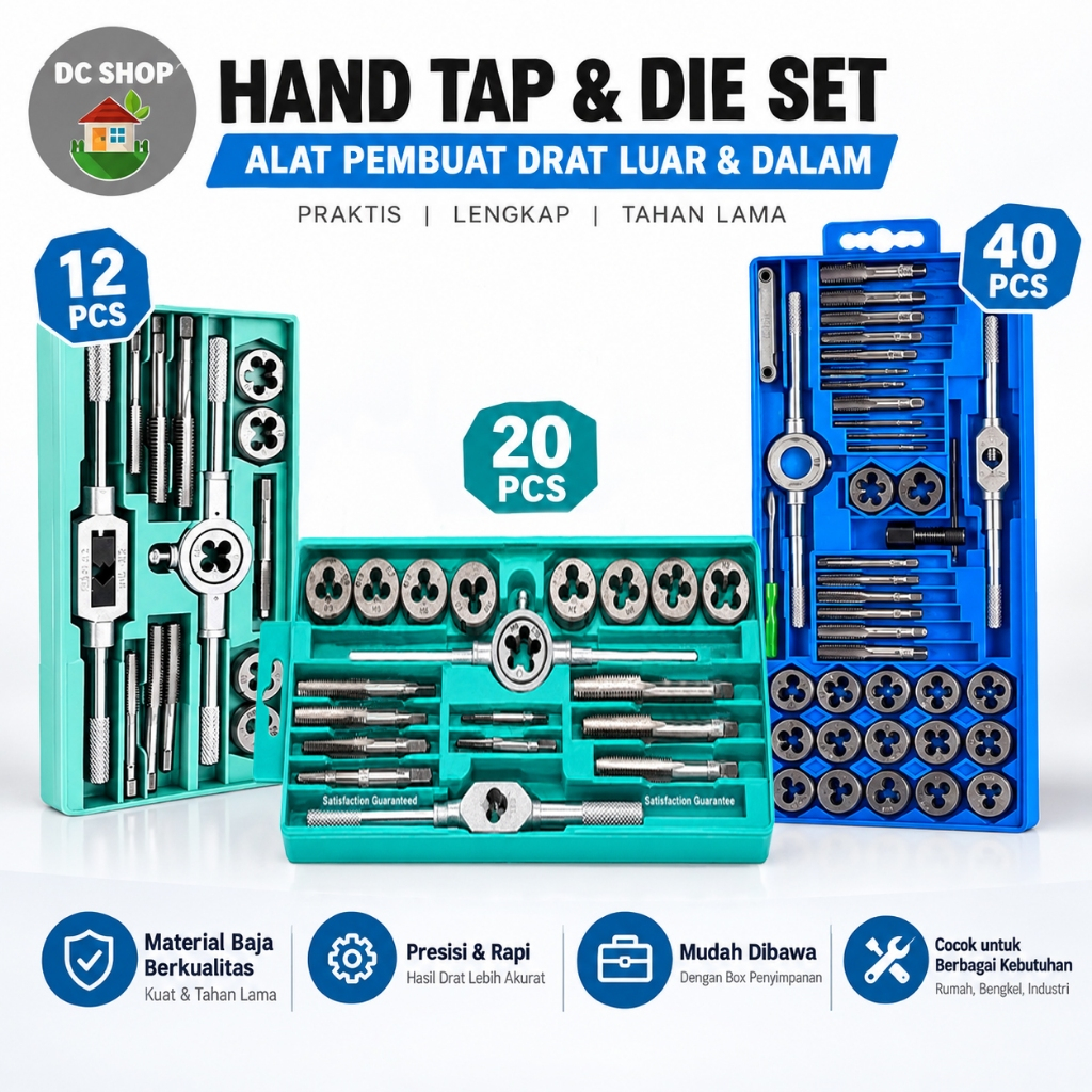 Hand Tap Set Tap Die Set 12 20 40 Pcs Alat Senai Tap Ulir Hand Tap Dies Kit Perkakas Pembuat Ulir