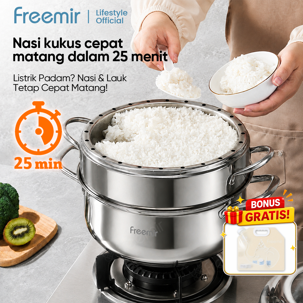 freemir lifestyle Panci Kukus Stainless 26cm Kapasitas besar 2 lapis, Pengukus nasi cocok untuk meng