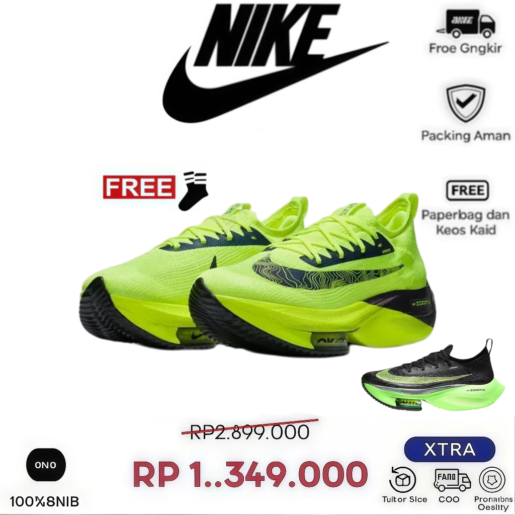 COD Nike Air Zoom Alphafly Next% 1 Sepatu Lari Maraton Profesional - Unisex Warna Hitam Hijau