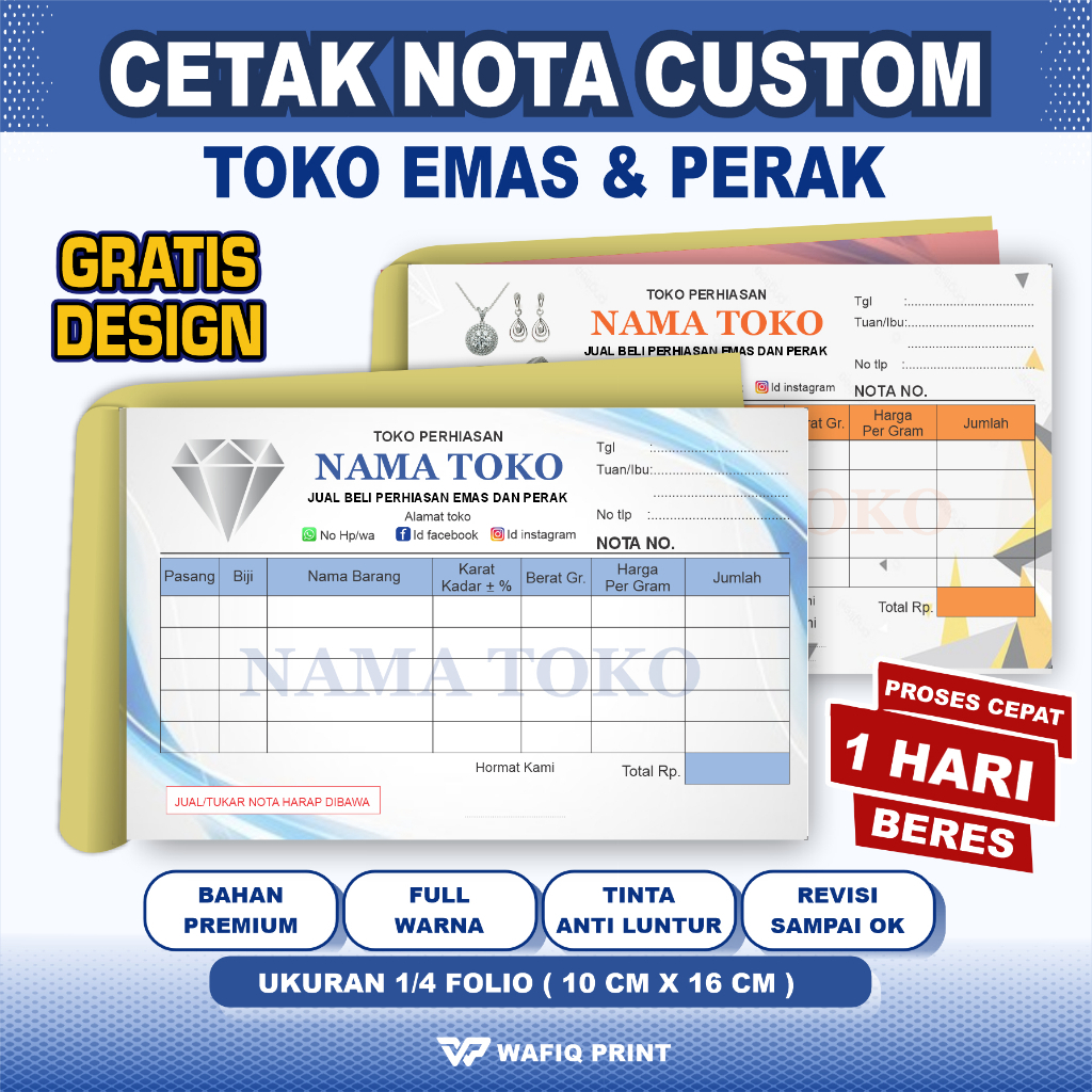 Nota emas custom full warna gratis design ukuran 1/4 folio 1 ply 2 ply nama toko sendiri
