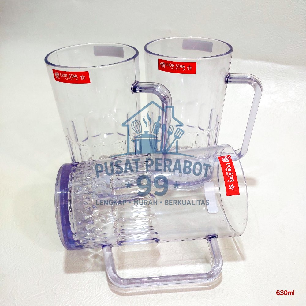 gelas plastik gagang / mug transparan / cangkir bening 630ml LION STAR