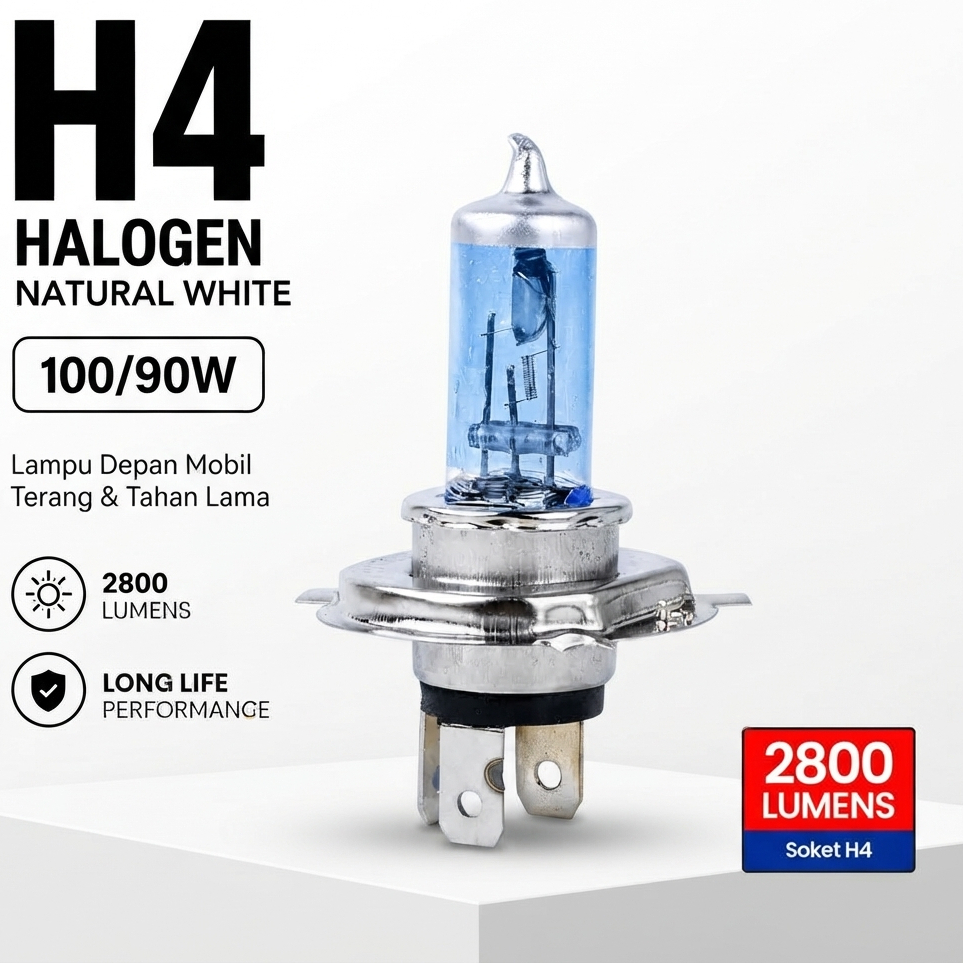 Lampu Depan Halogen Mobil H4 Natural White 100/90W Super Terang