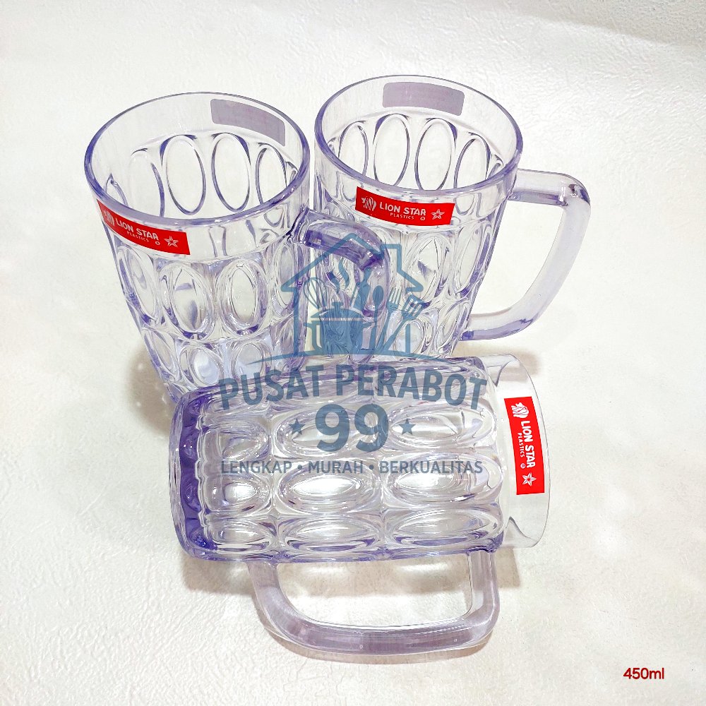 gelas plastik gagang / mug transparan / cangkir bening 450ml LION STAR