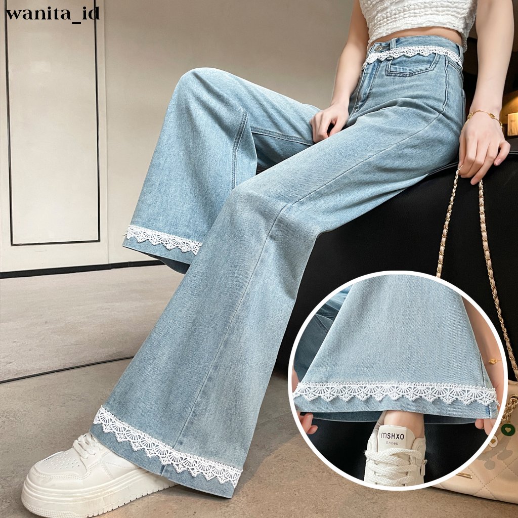 [ wanita_id ] Ready stock Cutbray Jeans Wanita Tepi Renda Highwaist Kulot Produk Baru Celana Jeans P