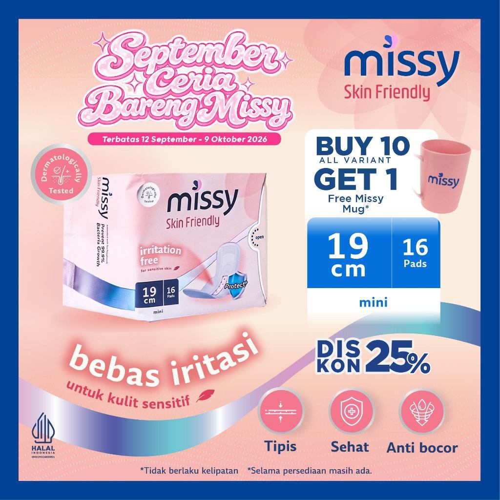 Pembalut MISSY SKIN FRIENDLY MINI / Iritation Free for Sensitive Skin / Pembalut dan Pantyliner Wani