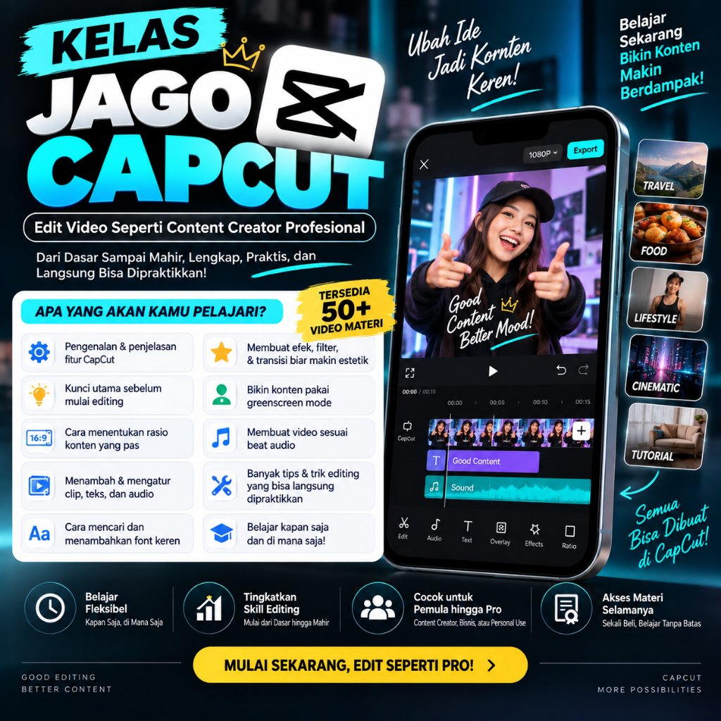 KELAS JAGO CAPCUT – Belajar Edit Video Profesional | 50+ Video Tutorial CapCut untuk Pemula & Conten