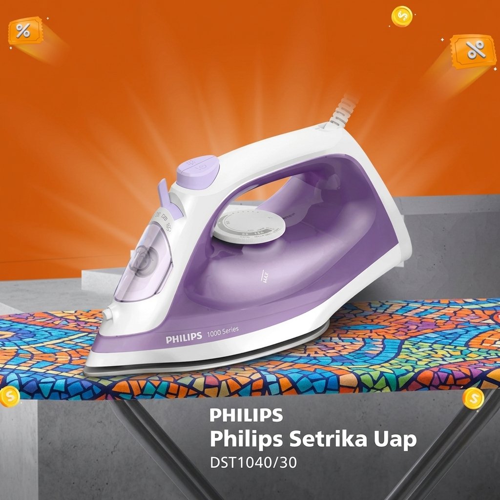PHILIPS Setrika Uap DST1040/30 Gosokan Baju DST 1040 Strika 800 W Anti Lengket Tangki Besar Original