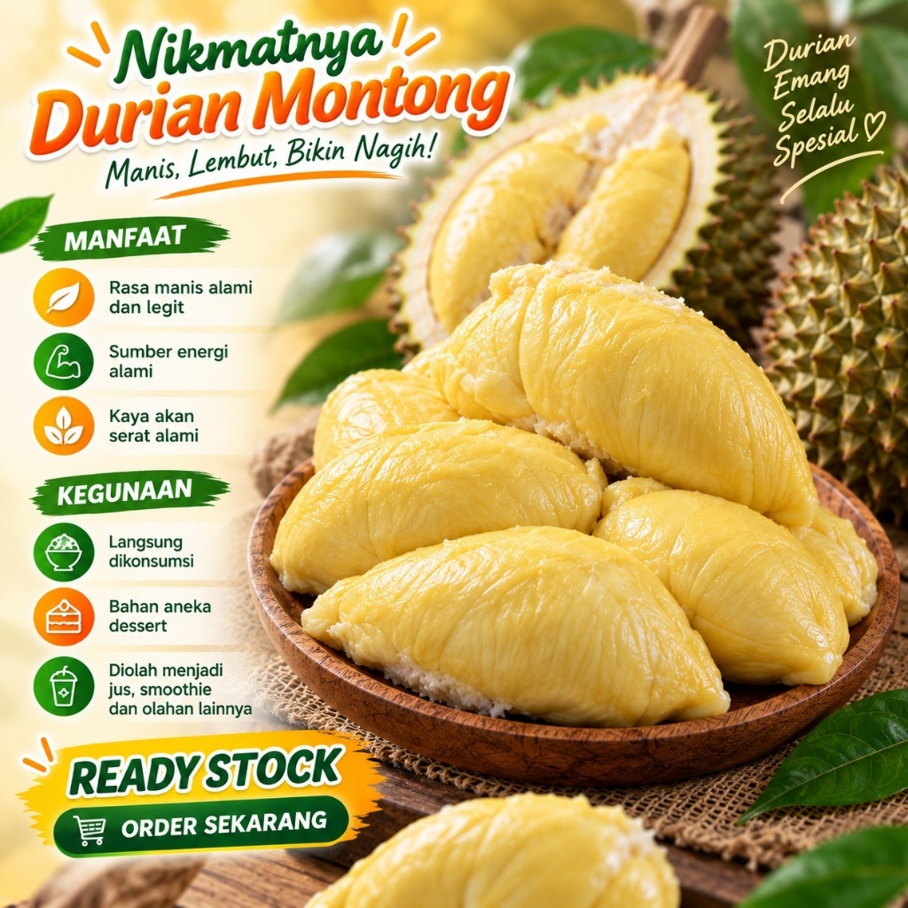 Durian Kupas Montong Frozen Siap Makan Cocok untuk Hampers & Kumpul Keluarga - Panen Buah - Gratis O