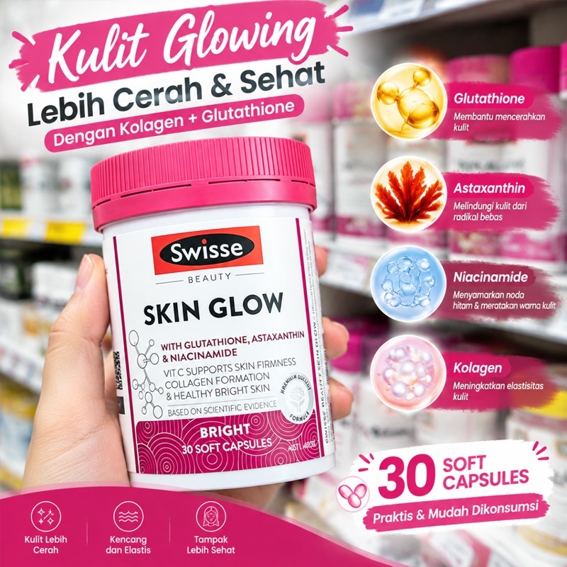 Swisse Bright Skin Glow 30 Kapsul – Suplemen Kulit Glowing, Cerah & Luminous, Dengan Vitamin C & Col