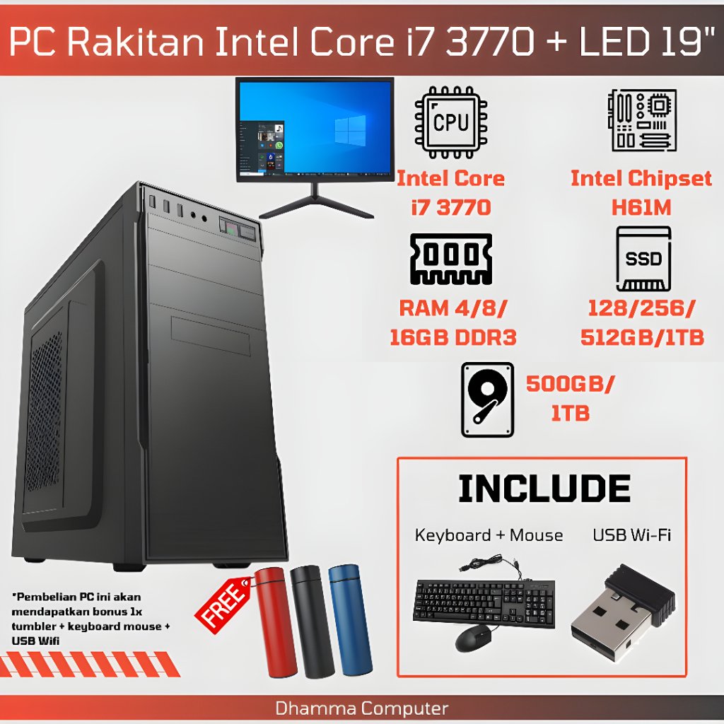 [SIAP PAKAI] Paket Lengkap PC Desktop i7 3770 Fullset Monitor 19" + WiFi + Keyboard Mouse - Komputer