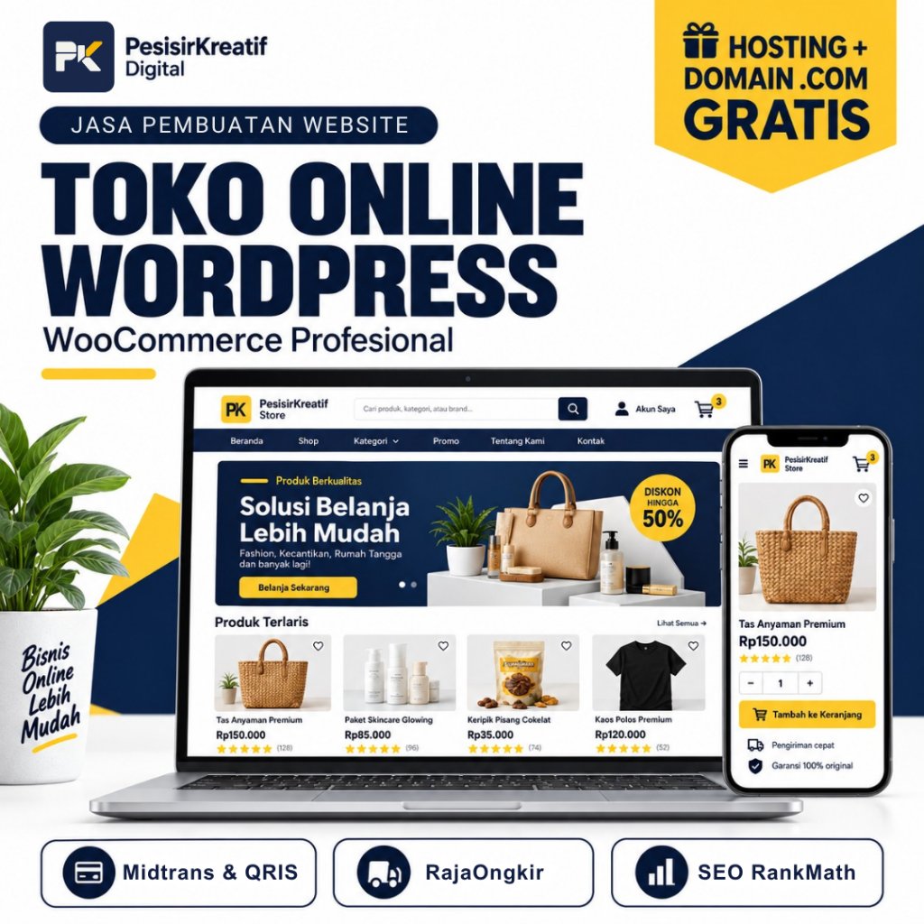 Jasa Pembuatan Toko Online WordPress WooCommerce Profesional | Integrasi Midtrans QRIS & Raja Ongkir