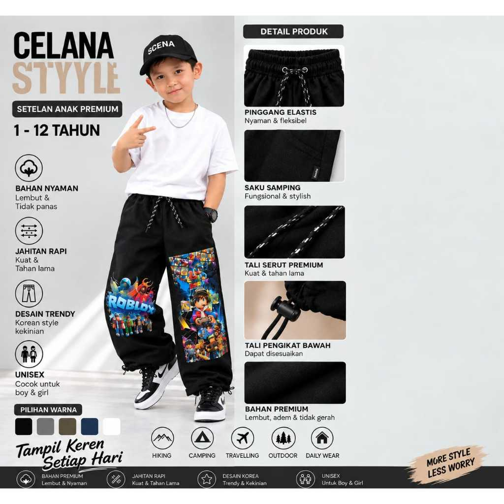 Celana Anak Skena Baggy Unisex dengan Bahan Fleece Lembut dan Sablon DTF Premium
