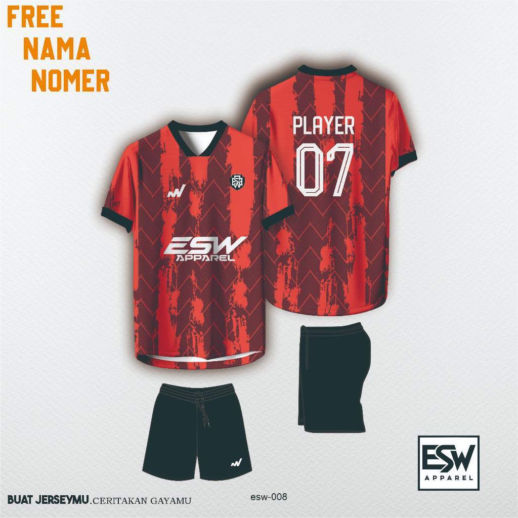 Jersey Futsal&bola full printing Custom Nama Nomor Merah Hitam Keren 008
