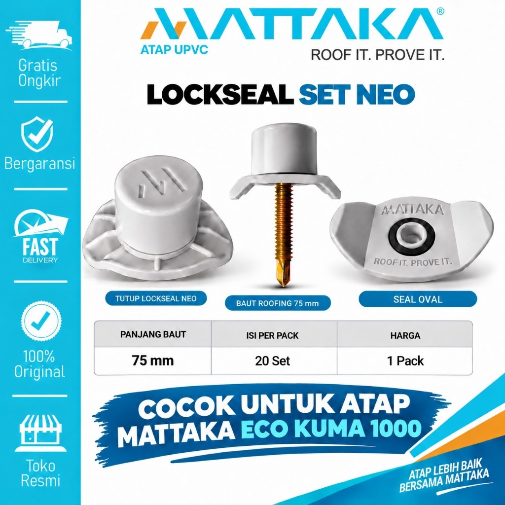 Mattaka Lockseal Set Neo Seal Oval Baut Roofing 75 mm untuk Atap UPVC Mattaka Eco Kuma 1000