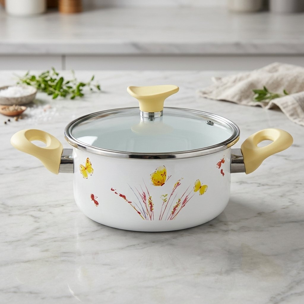 Panci Enamel / panci sayur enamel dengan Tutup kaca diameter 18cm