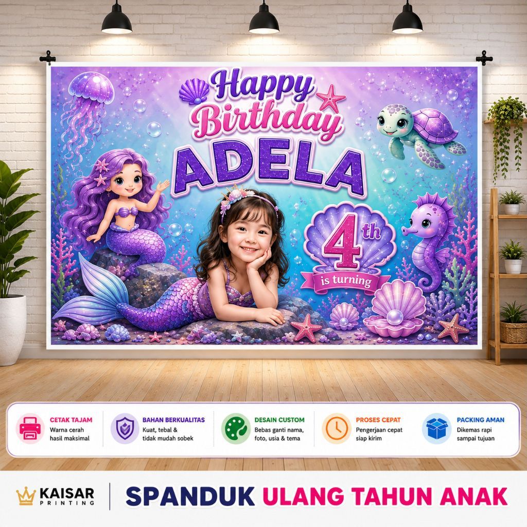 BANNER ULANG TAHUN - BACKDROP SPANDUK ULTAH ANAK TEMA MERMAID