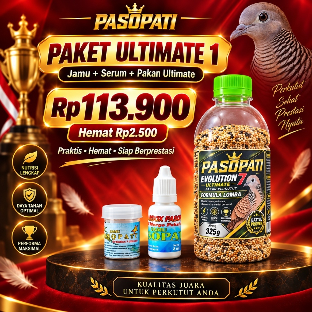 Jamu Perkutut Pasopati Evolution 7 - Ultimate Package 1 - Serum + Pakan Lomba Ultimate 325g - Stamin