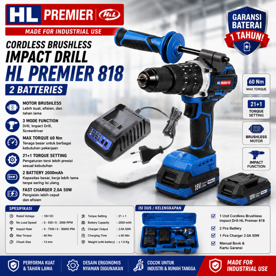 HNL H&L HL PREMIER 818 Bor Impek INDUSTRIAL 2 Baterai 13 mm Cordless Brushless Impact Drill NIRKABEL