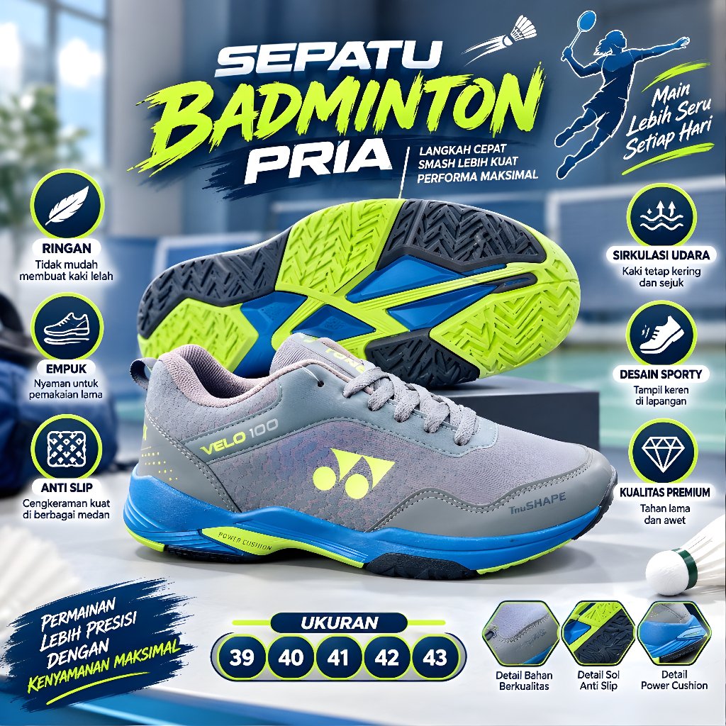 Sepatu Badminton Pria Size 39-43 Velo 100 Lining Saga Sepatu Bulutangkis Pria Sol Karet ANTI SLIP Be