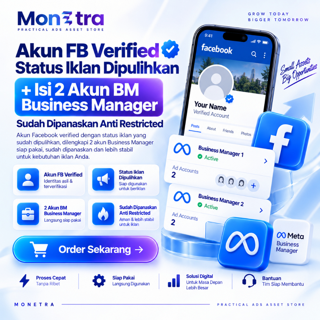 Akun FB Verified / Status Iklan dipulihkan + Isi 2 Akun BM Business manager + Sudah Dipanaskan Anti 