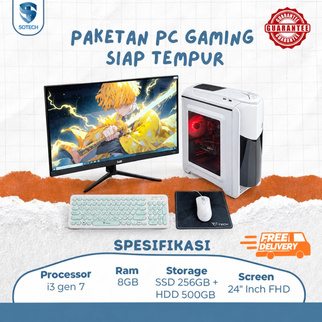 Paket PC Gaming Core i3-7100 GTX 1050Ti SSD 256GB HDD 500GB RAM 8GB Monitor 24 Inch FHD Lengkap Siap
