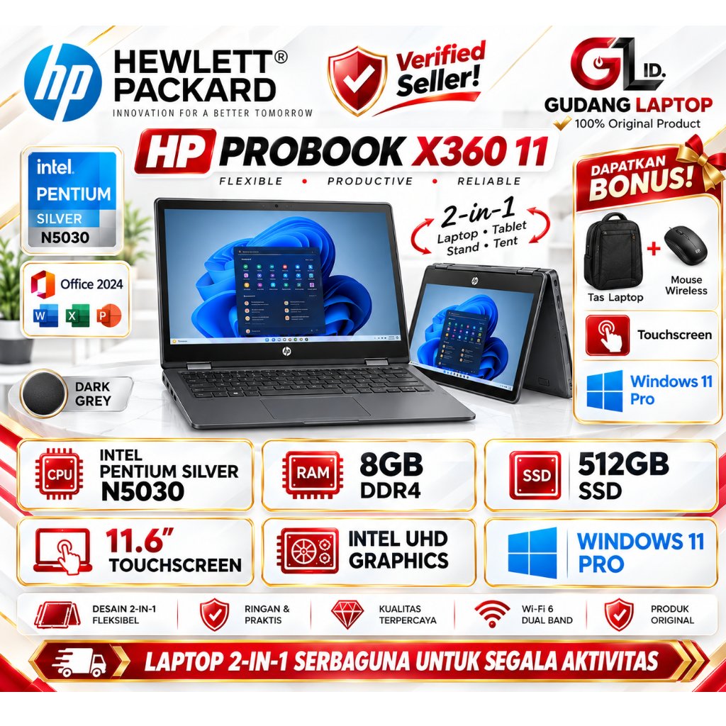 Laptop Touchscreen HP Probook X360 11 Intel Pentium Silver N5030 RAM 8GB 512GB 11 Win11 Profesional