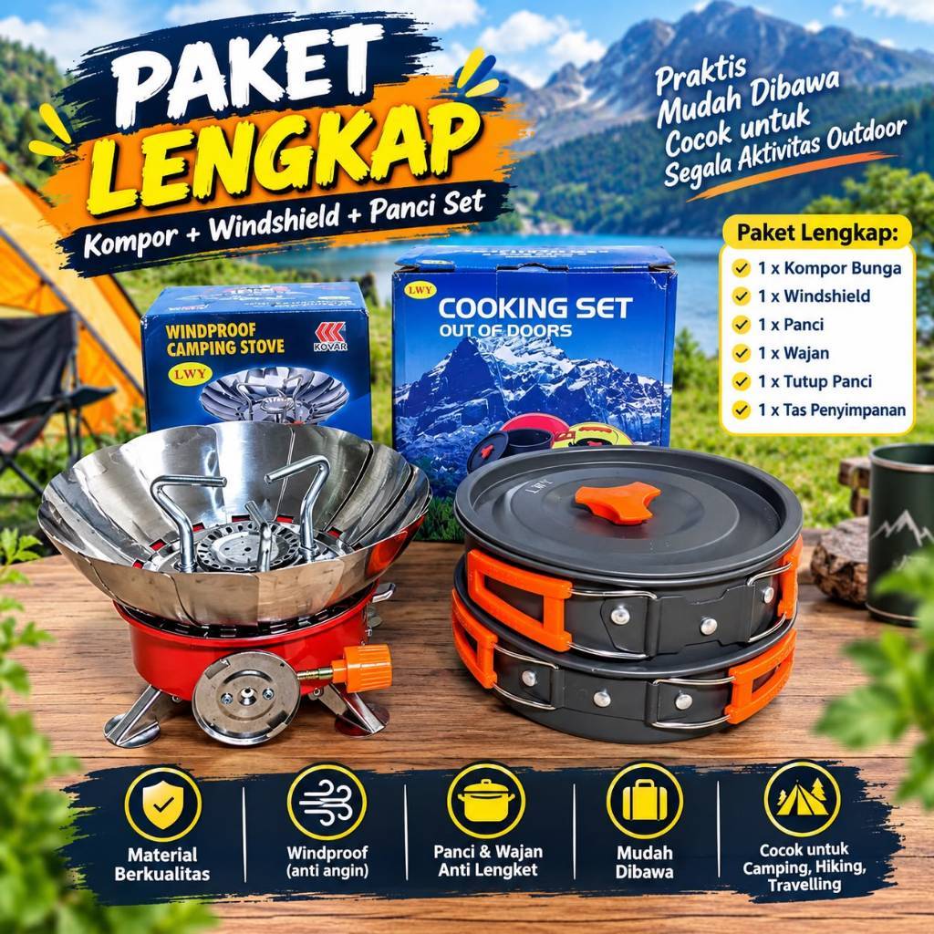 Paket Lengkap Kompor Camping KOmpor wp LWY dengan Kotak lwy dan Set Panci Ds308 dan Ds200 paket hema